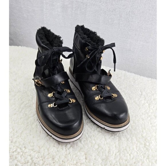 Ankle Boots Urban Hiking Black Lace-Up ARI Justfab Faux Shearling Gold Tone Buck - Picture 4 of 15